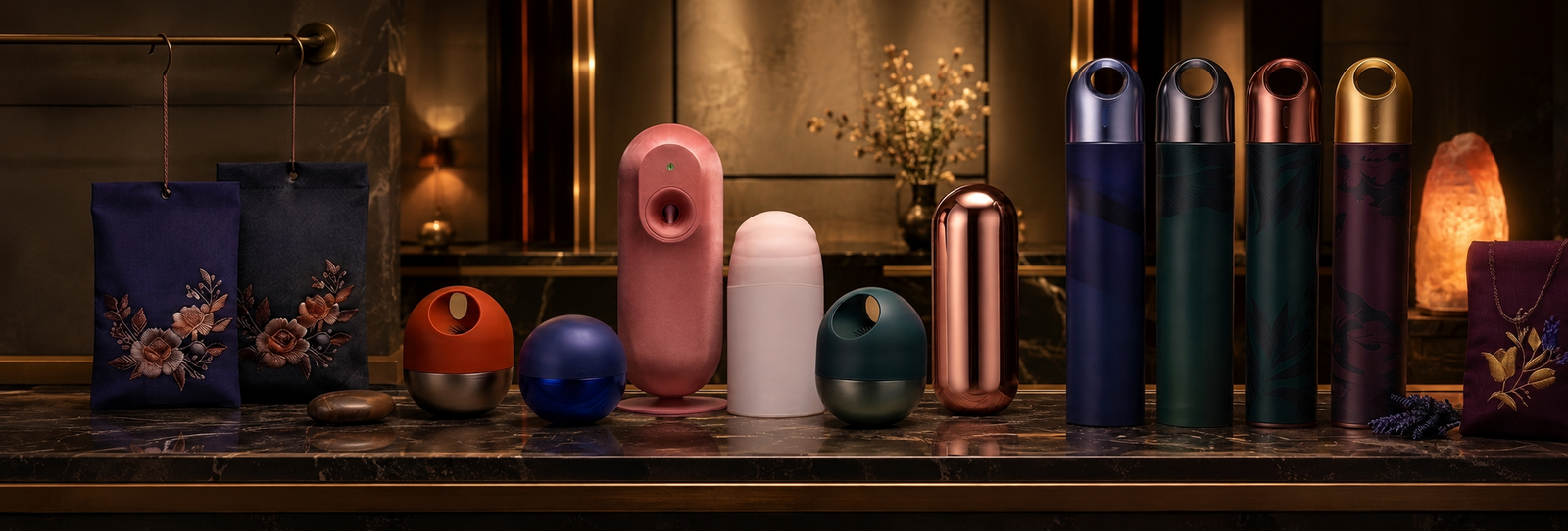 A range of home fragrance formats: pouches, gel pots, sprays, diffusers and blocks.
